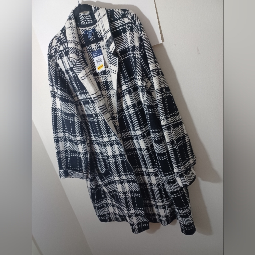 Chaps Womens Black/White Plaid Open Front Heavyweight Cardigan New Size 3X
